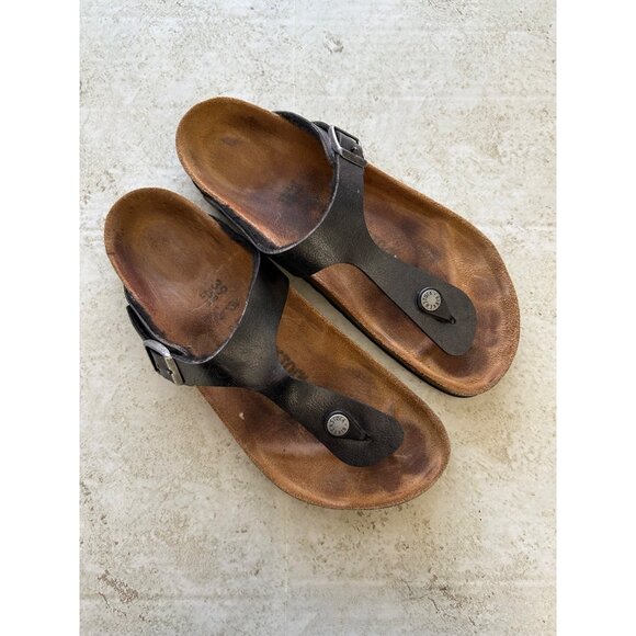 Birkenstock Womens Sz 39 Black Leather Gizeh Thong Sandals Adjustable Strap - Picture 9 of 9